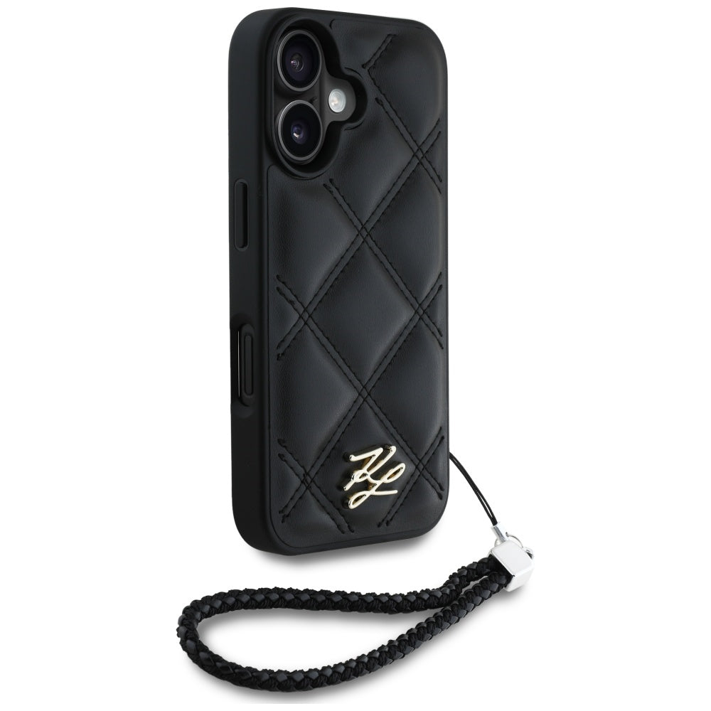 Karl Lagerfeld iPhone 16 - Quilted Initial Logo and Chain Strap - Θήκη με Επένδυση Συνθετικού Δέρματος και Λουράκι - Black - KLHCP16SPSQSKLSMSK - likebrands.gr