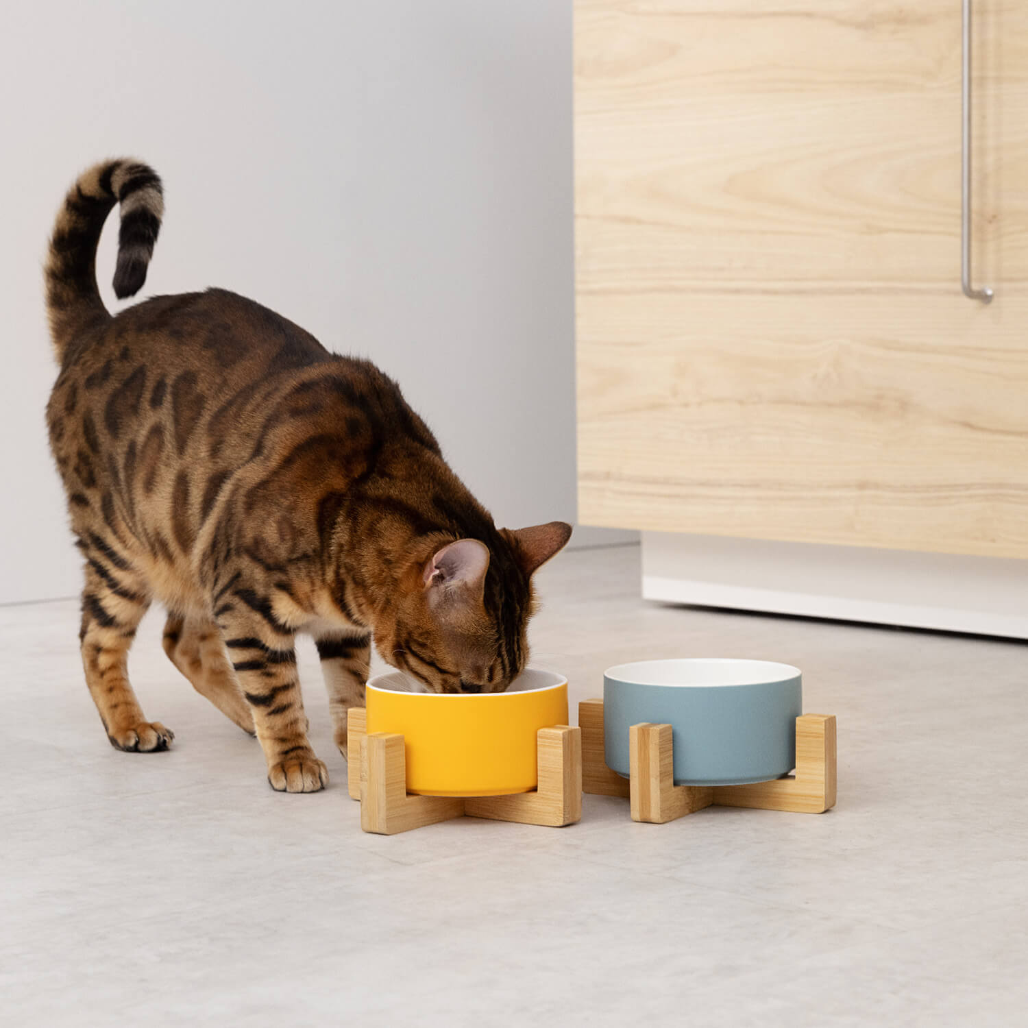 Navaris Σετ με 2 Κεραμικά Μπολ Φαγητού και Νερού 550ml με Βάση από Μπαμπού για Κατοικίδια - Blue - Yellow - 55428.1.06