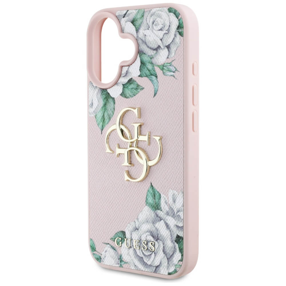 Guess iPhone 16 - Grained Roses Big 4G Logo - Σκληρή Θήκη με Επένδυση από Οικολογικό Δέρμα - Pink - GUHCP16SPGROP4MP
