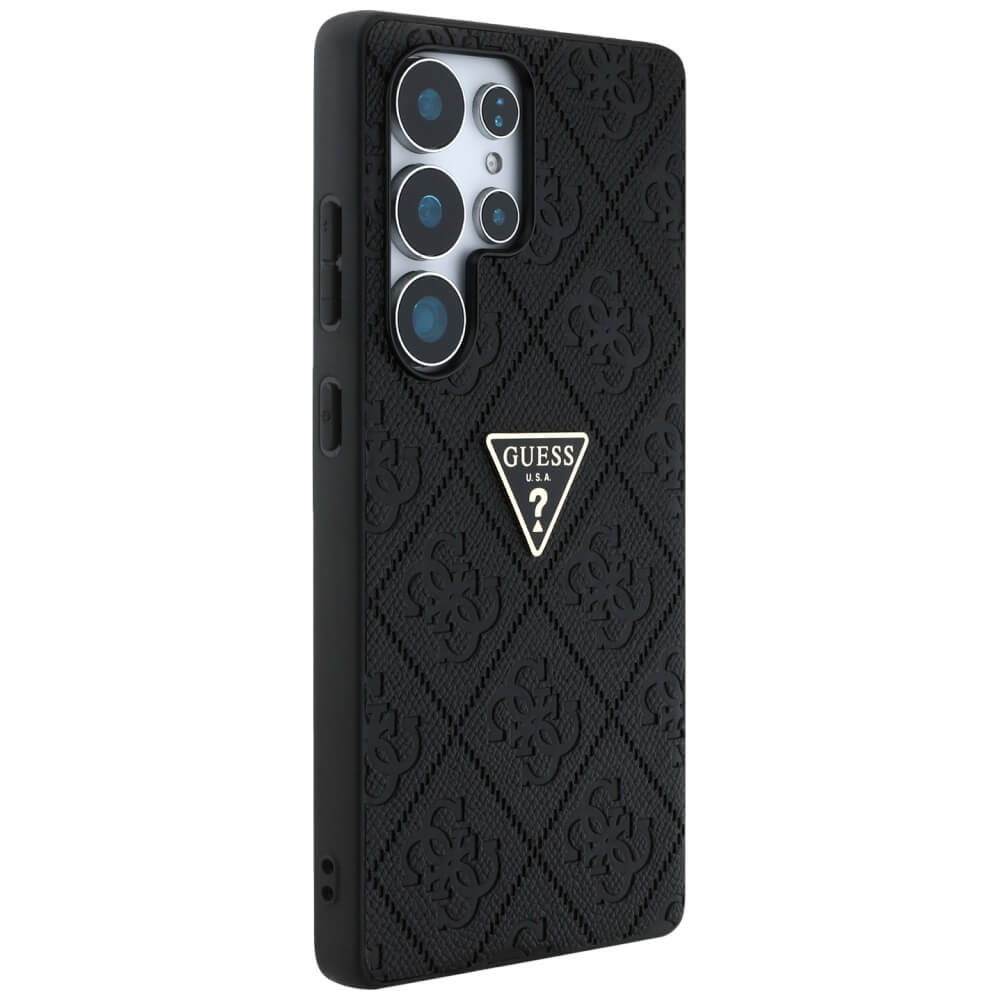 Guess Samsung Galaxy S25 Ultra - Hot Stamp 4G Pattern Triangle Metal Logo - Θήκη με Επένδυση Συνθετικού Δέρματος και Πλαίσιο Σιλικόνης - Black - GUHCS25LPGP4STRK