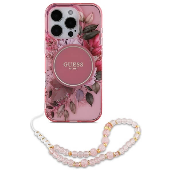 Guess iPhone 16 Pro Max - IML Flowers With Pearl Strap MagSafe - Σκληρή Θήκη με Πλαίσιο Σιλικόνης και Λουράκι - Pink - GUHMP16XHFWBRCESP