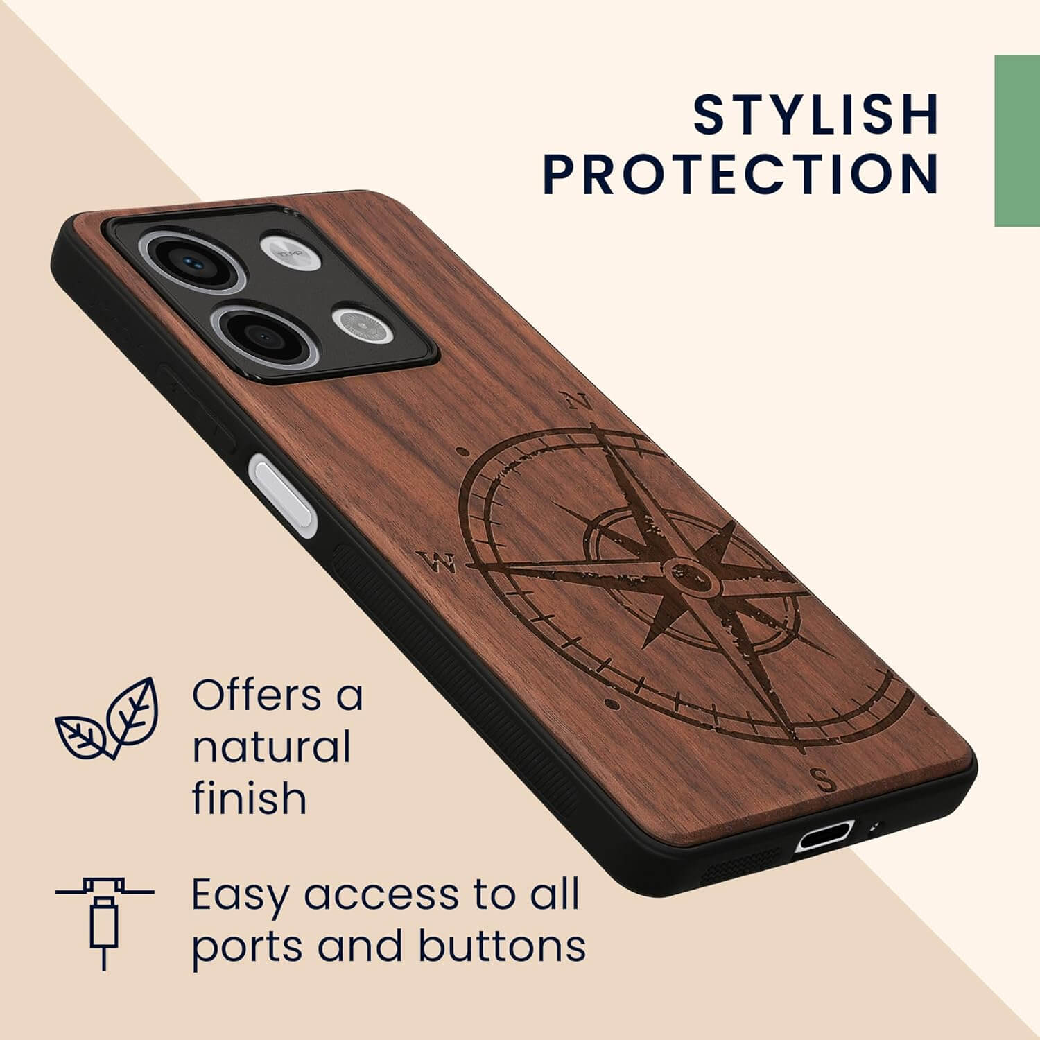 KW Xiaomi Redmi Note 13 5G Θήκη από Φυσικό Ξύλο - Design Compass Vintage - Dark Brown