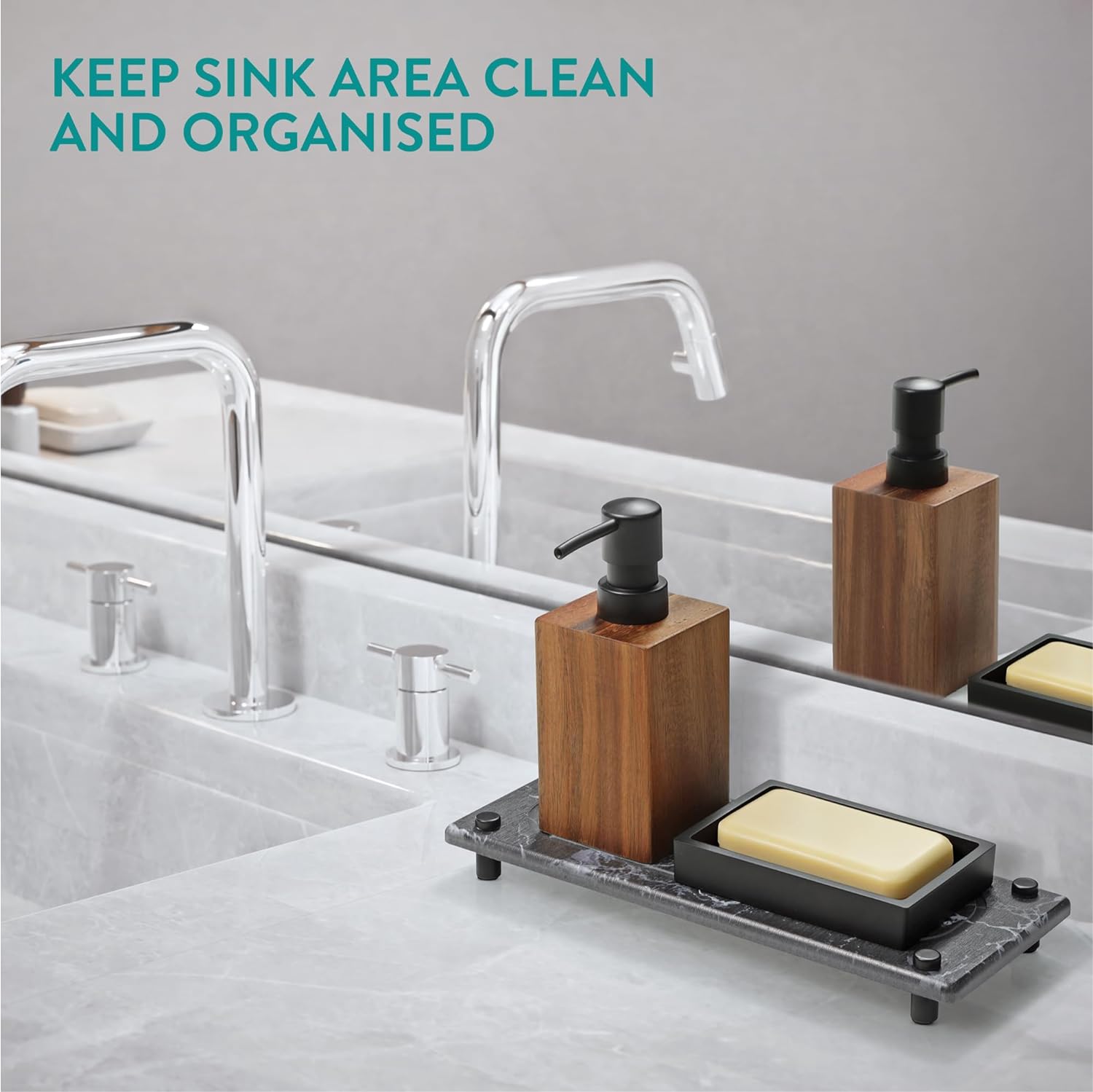 Navaris Δίσκος Οργάνωσης Νιπτήρα από Διατομίτη με Σχεδιασμό Γρήγορου Στεγνώματος - 28 x 11 x 2.5 cm - Black Marble - 61632.04