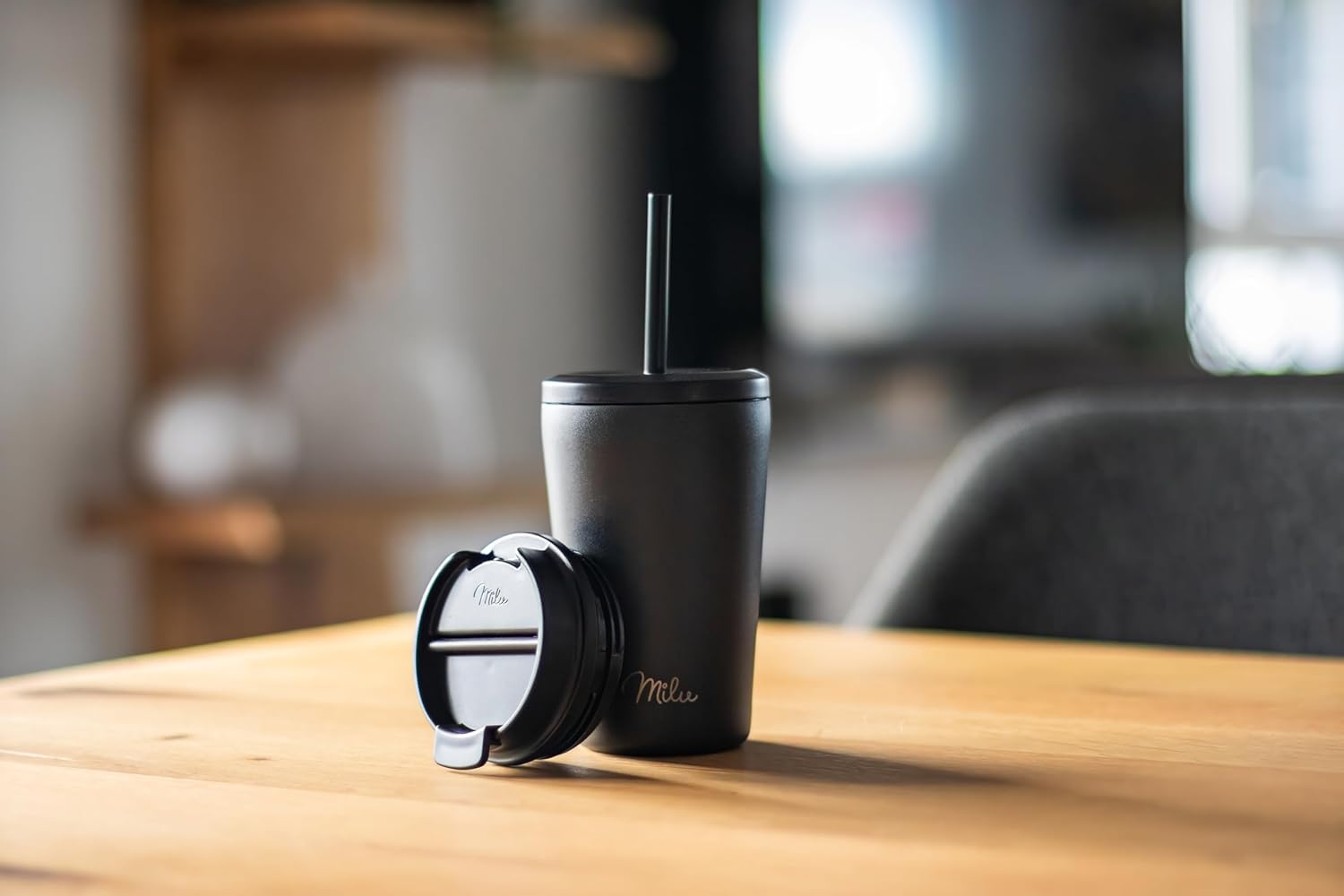 Milu T10 Κούπα Θερμός Από Ανοξείδωτο Ατσάλι με 2 Καπάκια και 2 Καλαμάκια - 100% Στεγανή - 300 ml - Black - 1150