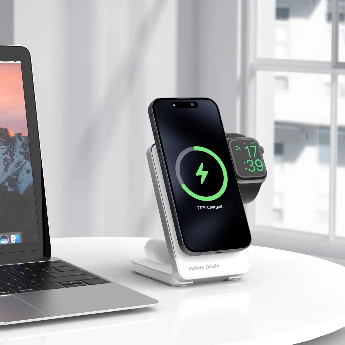 Mobile Origin Qi2 CompactStand 3in1 Ασύρματος Μαγνητικός Φορτιστής MagSafe - White / Silver