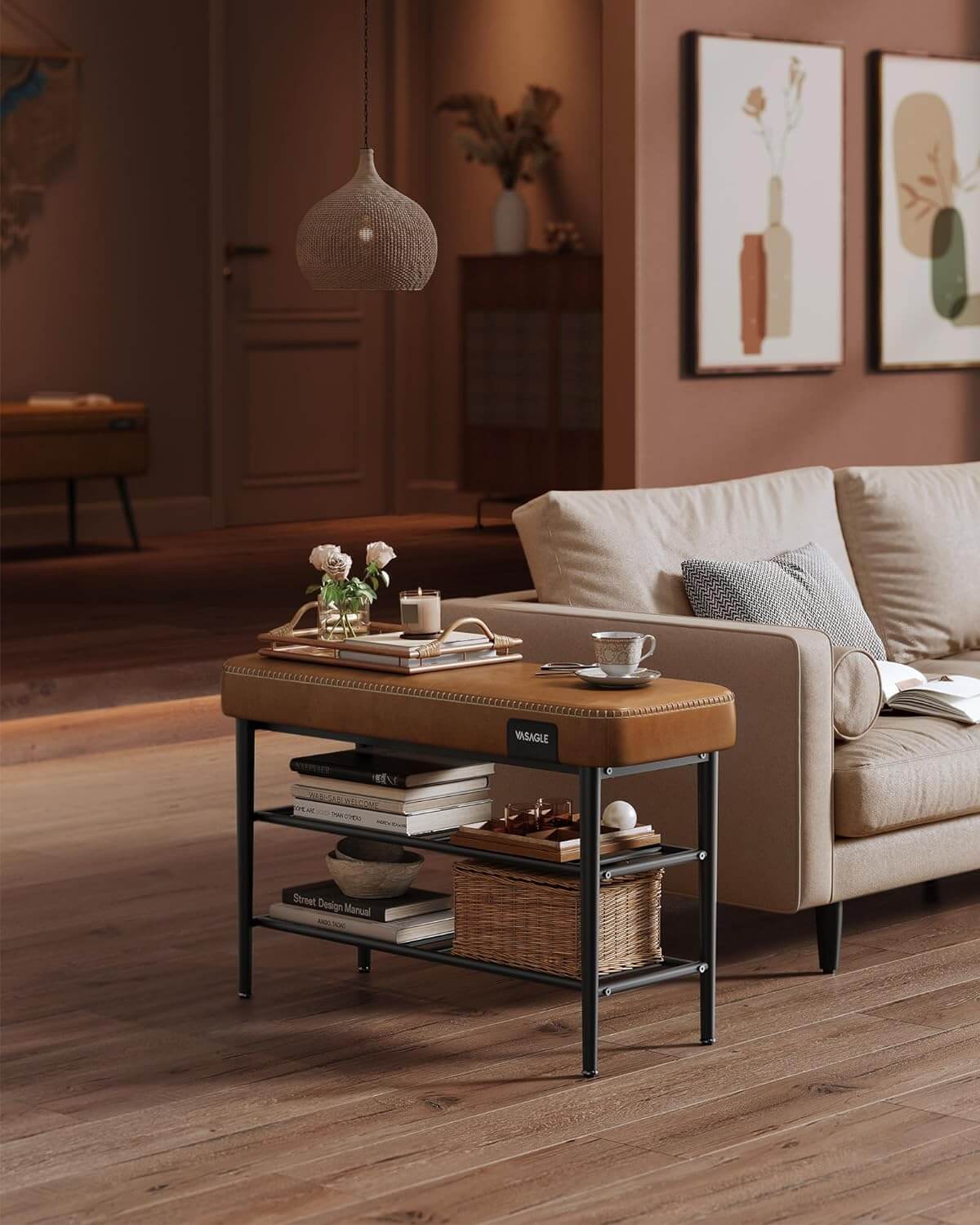 Vasagle EKHO Πάγκος / Σκαμπό με Κάθισμα από Συνθετικό δέρμα και 2 Ράφια - 30 x 80 x 50 cm - Caramel Brown - LSB054K01