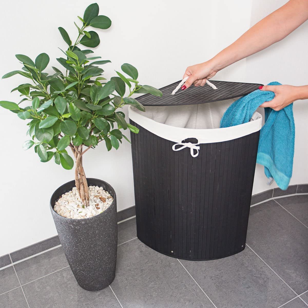 Relaxdays Καλάθι Απλύτων από Μπαμπού με Καπάκι - Black / White - 4052025046774