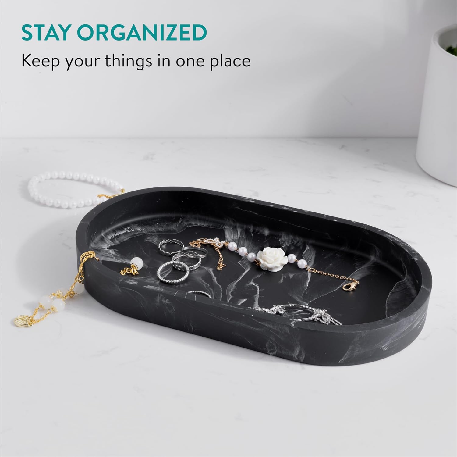 Navaris Διακοσμητικός Οβάλ Δίσκος από Πολυρητίνη - Design Marble - 22.5 x 12.5 x 2.7 cm - Black - 55578.01.01