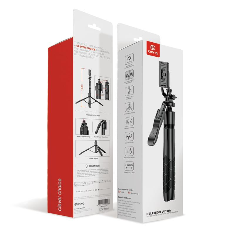 Crong SelfieGo Ultra Ασύρματο Selfie Stick Τρίποδο με Τηλεχειριστήριο Bluetooth - Black