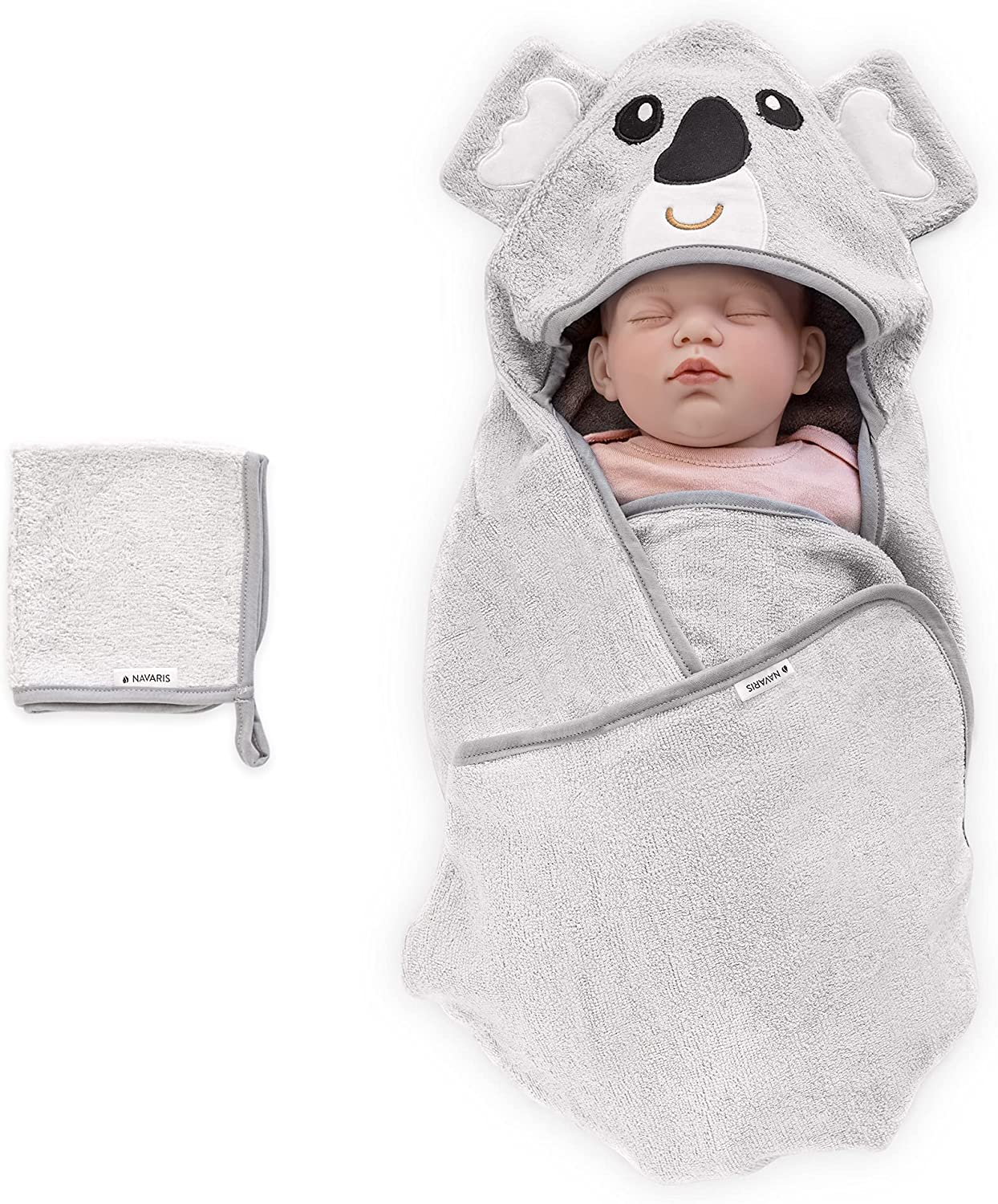 Navaris Σετ με Πετσέτα Μπάνιου με Κουκούλα για Μωρά και Πετσετάκι - 70 x 70cm - Design Koala - 53694.01