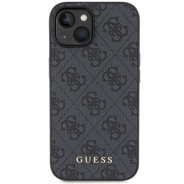 Guess iPhone 15 - 4G Metal Gold Logo Σκληρή Θήκη με Επένδυση Συνθετικού Δέρματος - Grey - GUHCP15SG4GFGR