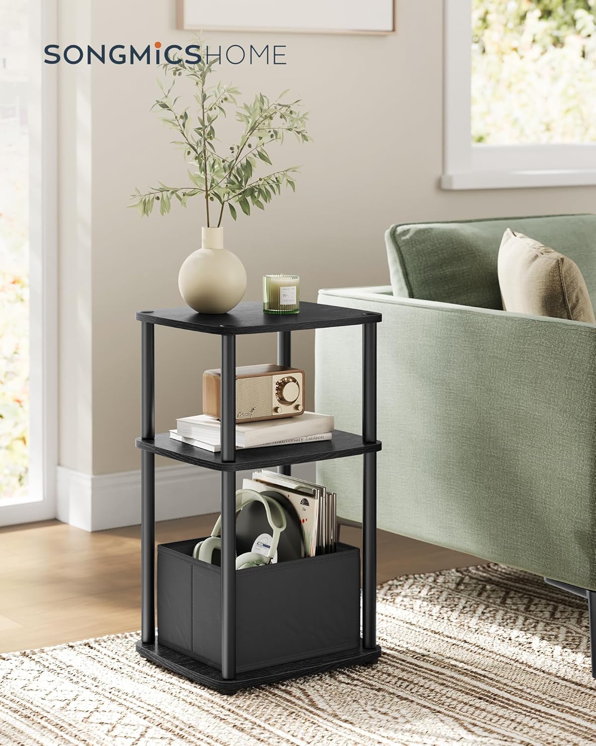 Songmics Βοηθητικό Τραπέζι με Υφασμάτινο Καλάθι - 30 x 34 x 58 cm - Ebony Black - LET286B01