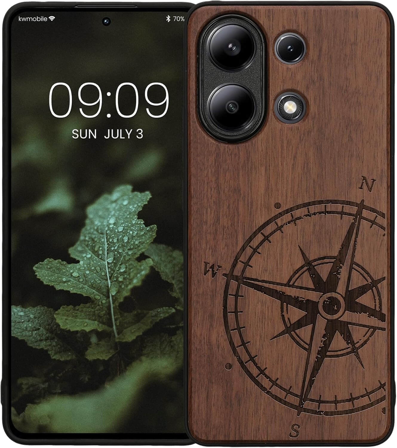 KW Xiaomi Redmi Note 13 4G Θήκη από Φυσικό Ξύλο - Design Compass Vintage - Dark Brown