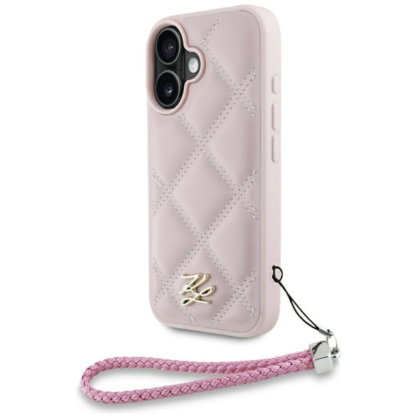 Karl Lagerfeld iPhone 16 - Quilted Initial Logo and Chain Strap - Θήκη με Επένδυση Συνθετικού Δέρματος και Λουράκι - Pink - KLHCP16SPSQSKLSMSP - likebrands.gr