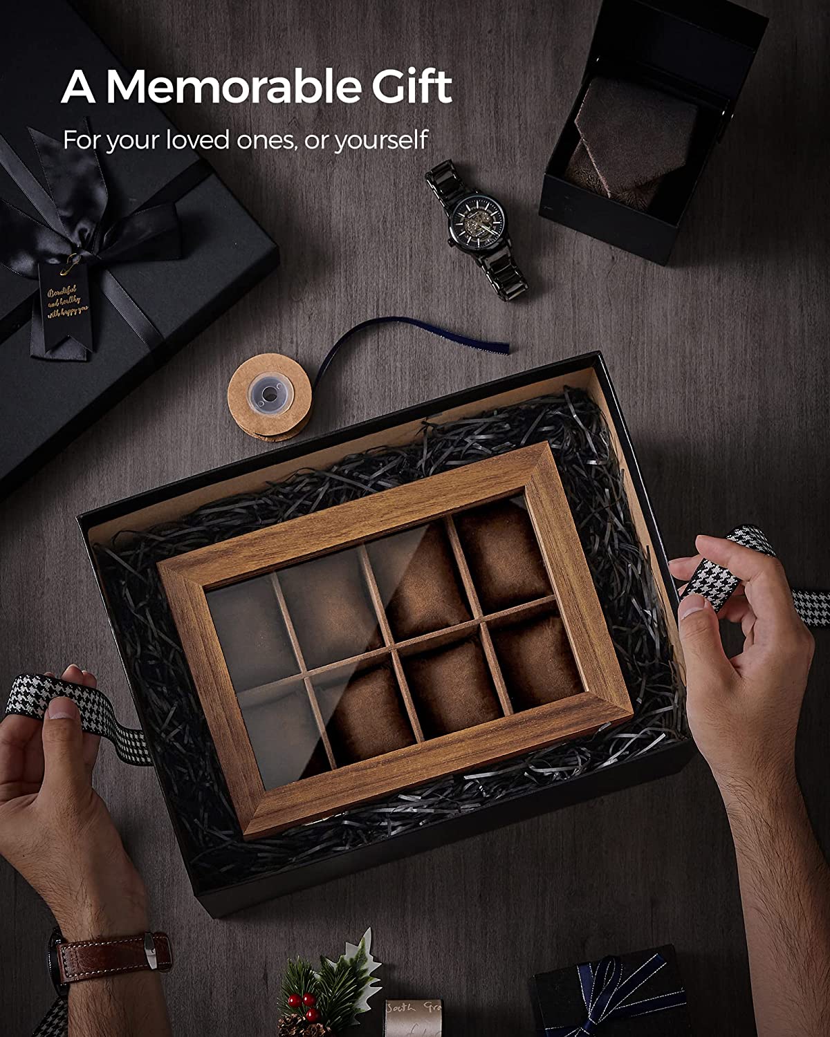 Songmics Κουτί Αποθήκευσης 8 Ρολογιών και Κοσμημάτων - ‎Rustic Walnut - JOW008K01