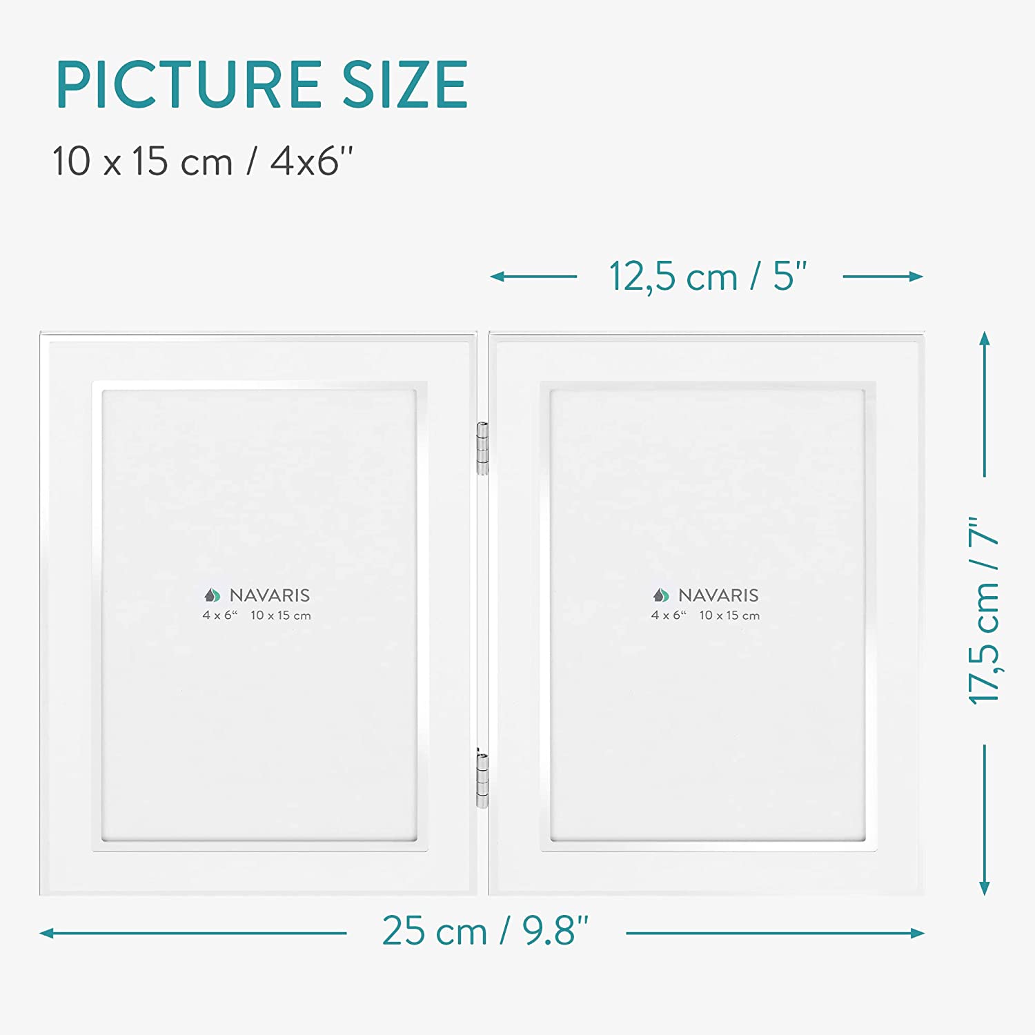 Navaris Αναδιπλούμενη Διπλή Κορνίζα Από Αλουμίνιο για Φωτογραφίες 10 x 15 cm - Μέγεθος 12,5 x 17,5 cm - White - 54486.2