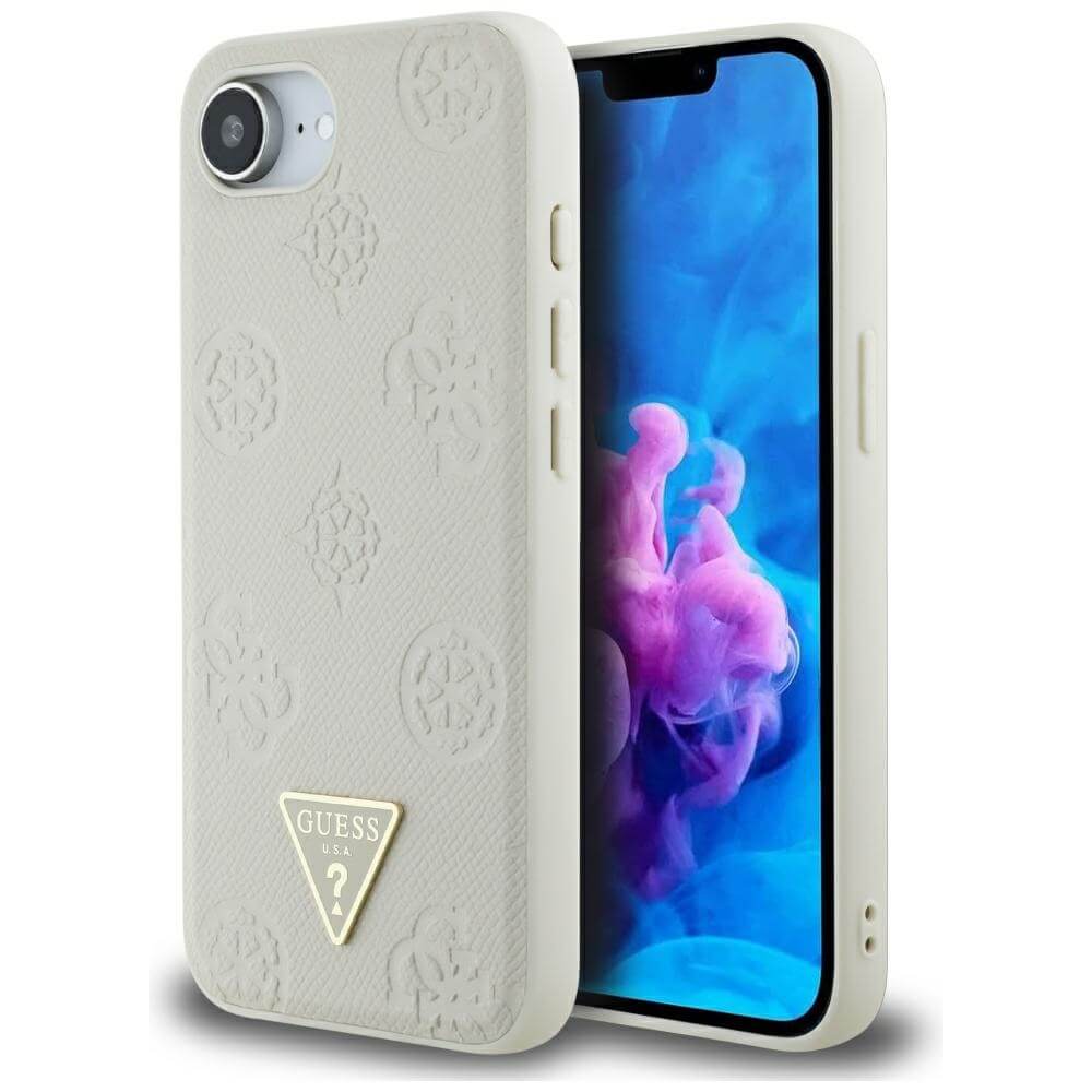 Guess iPhone 16e - Grained Hot Stamp Peony Triangle Logo - MagSafe Σκληρή Θήκη με Επένδυση Συνθετικού Δέρματος - Beige - GUHMPSE4PGBTME