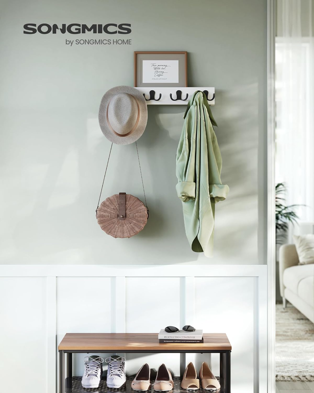 Songmics Επιτοίχια Ξύλινη Κρεμάστρα από Μπαμπού με 4 Μεταλλικούς Γάντζους και Ράφι - Cloud White - LCR006W01