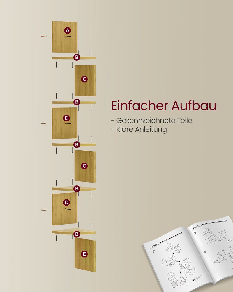 Vasagle Επιτοίχια Γωνιακή Ραφιέρα με 5 Ράφια - Natural Oak - LBC072Y70