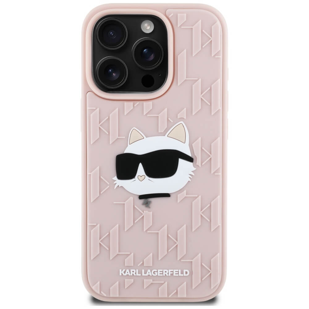 Karl Lagerfeld iPhone 16 Pro - 3D Rubber Monogram and Choupette - Σκληρή Θήκη με Πλαίσιο Σιλικόνης - Pink - KLHCP16LRBCCHHKLP