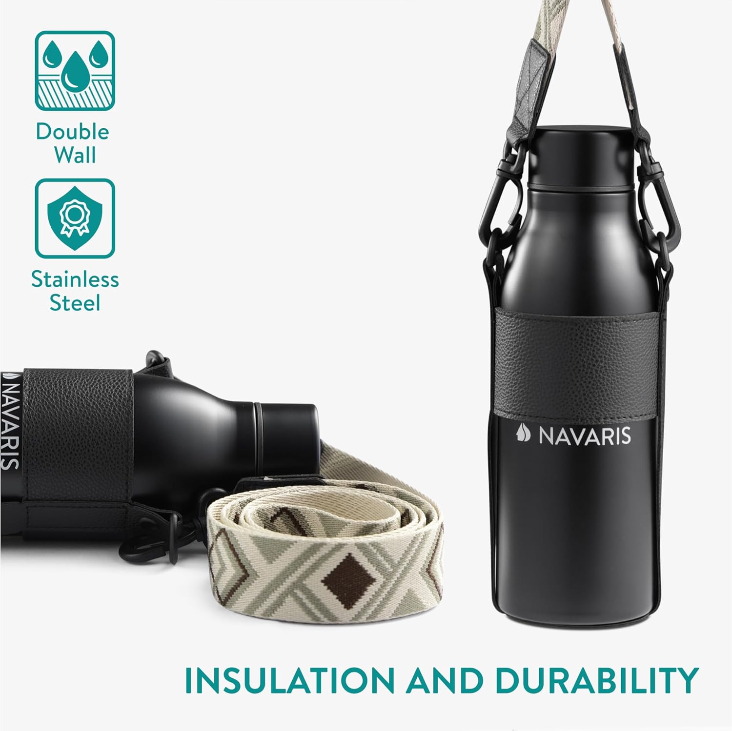 Navaris Θερμός από Ανοξείδωτο Ατσάλι με Θήκη και Λουράκι Μεταφοράς - 600ml - Black - 60969.01.01