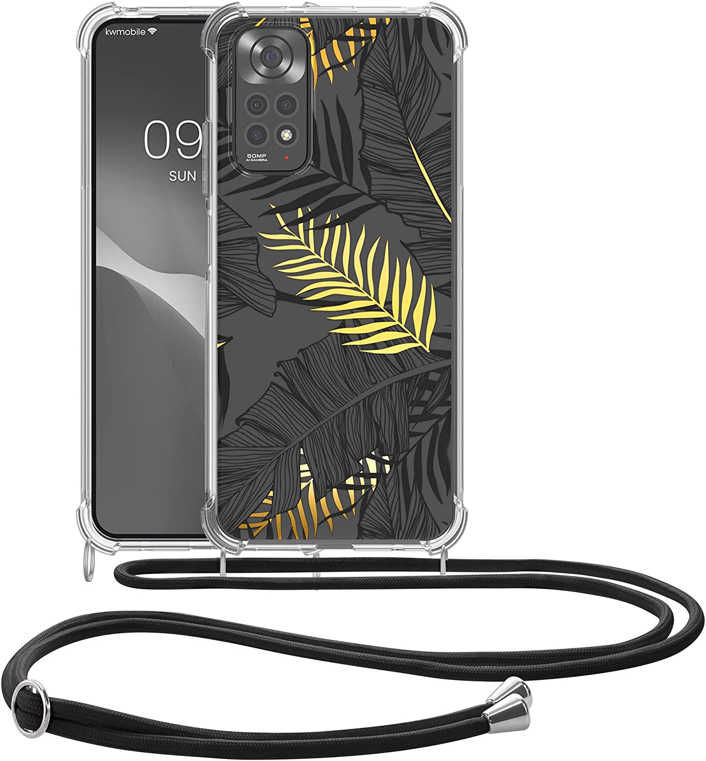 KW Xiaomi Redmi Note 11 / Redmi Note 11S Θήκη Σιλικόνης TPU με Λουράκι - Design Palm Leaves - Yellow / Grey - Διάφανη - 58196.02