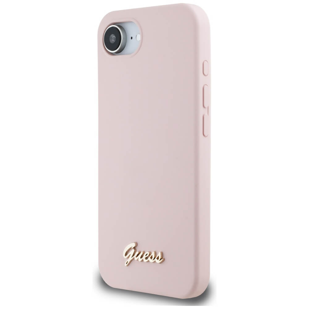 Guess iPhone 16e - Silicone Script Metal Logo - MagSafe Σκληρή Θήκη με Πλαίσιο Σιλικόνης - Pink - GUHMPSE4SMBSLP