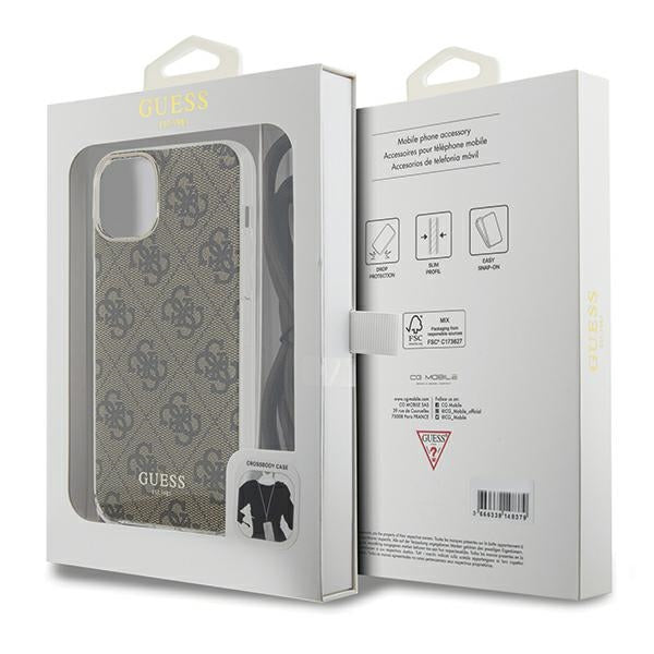 Guess iPhone 15 Crossbody Cord 4G Print Σκληρή Θήκη με Πλαίσιο Σιλικόνης και Λουράκι - Brown - GUHCP15SHC4SEW