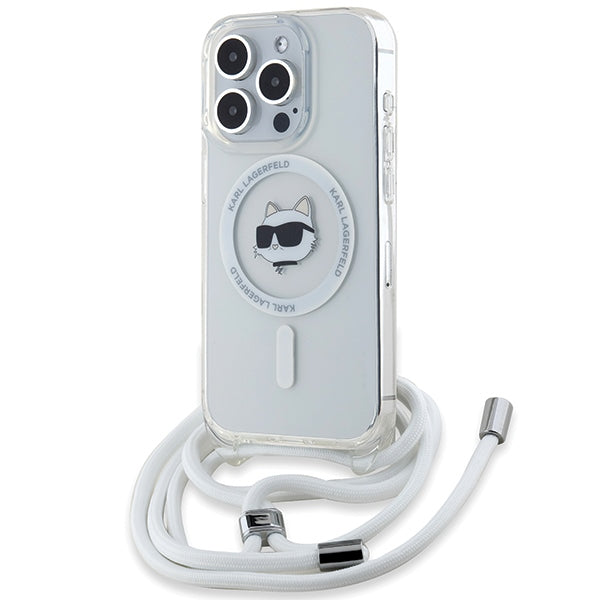 Karl Lagerfeld iPhone 15 Pro Max - IML Choupette Head and Cord - MagSafe Σκληρή Θήκη με Πλαίσιο Σιλικόνης και Λουράκι - Διάφανη - KLHMP15XHCCHNT