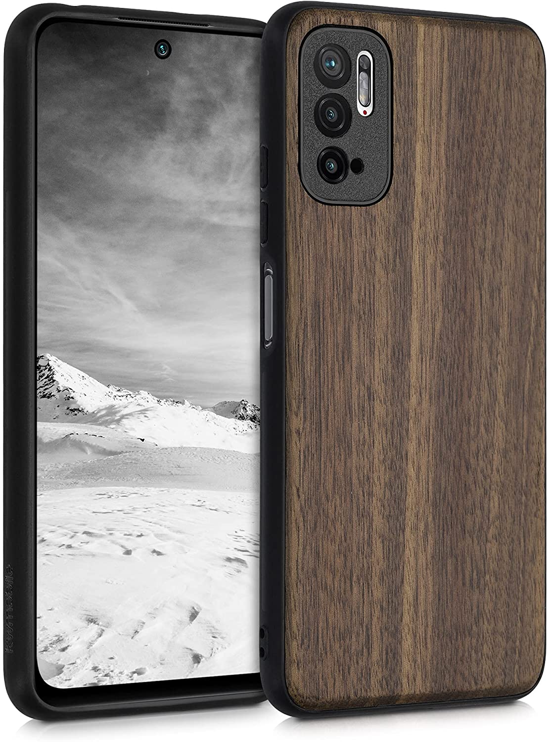 KW Xiaomi Redmi Note 10 5G / Poco M3 Pro 5G Θήκη από Φυσικό Ξύλο - Dark Brown / Black - 54952.18