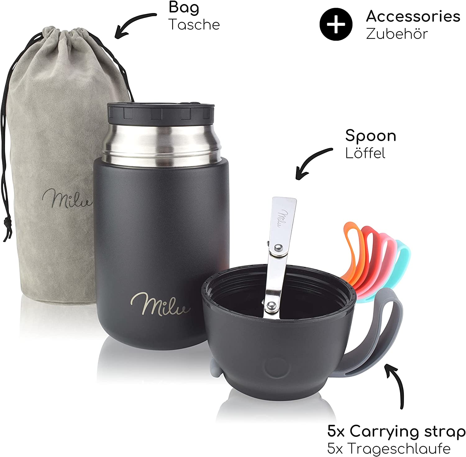 Milu Θερμός Φαγητού από Ανοξείδωτο Ατσάλι με Καπάκι-Μπολ και Κουτάλι - 650ml - Black - 2303