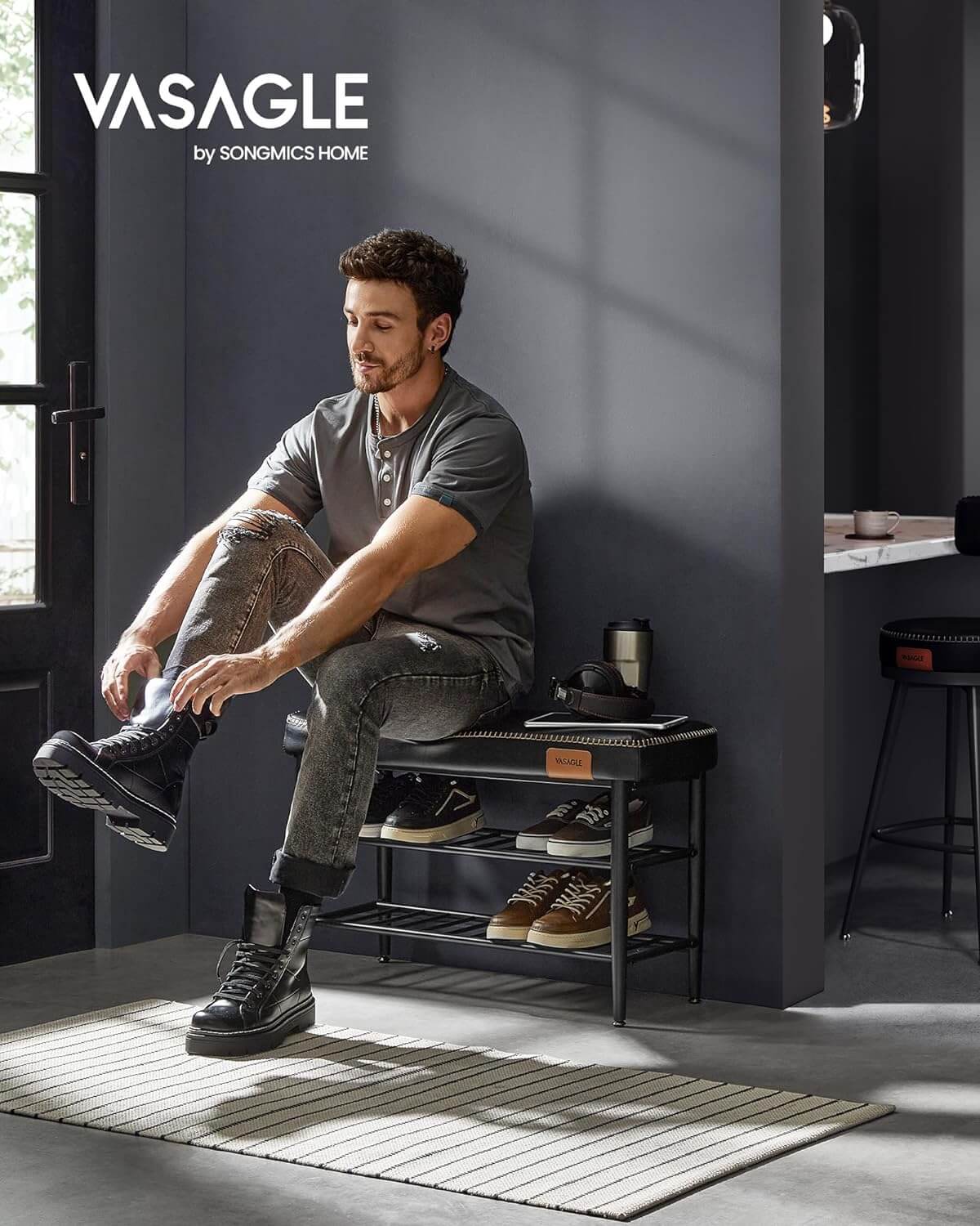 Vasagle EKHO Πάγκος / Σκαμπό με Κάθισμα από Συνθετικό δέρμα και 2 Ράφια - 30 x 80 x 50 cm - Ink Black - LSB054B01