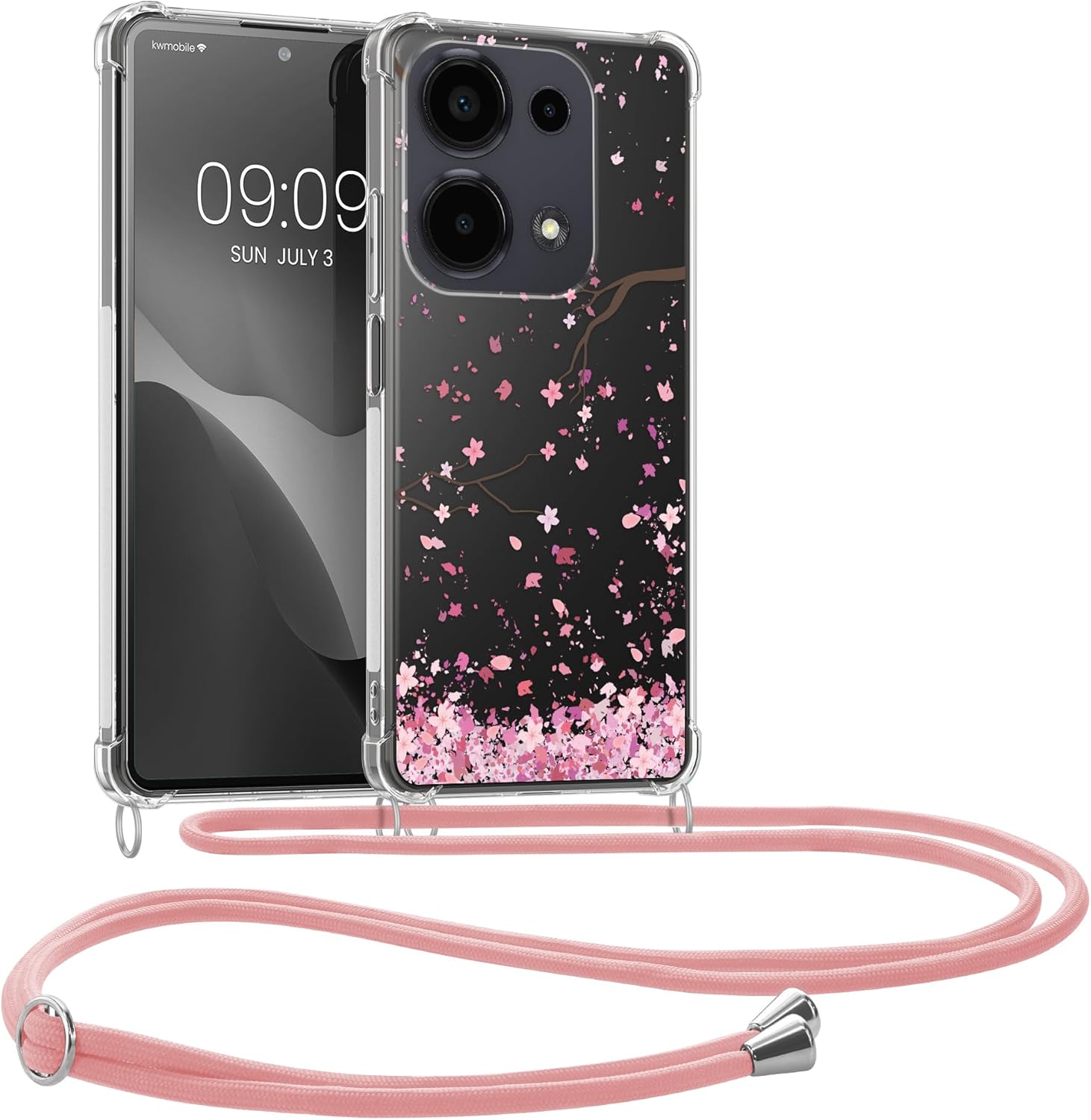 KW Xiaomi Redmi Note 13 Pro 4G Θήκη Σιλικόνης TPU με Λουράκι - Design Cherry Blossoms - Pink / Dark Brown / Διάφανη