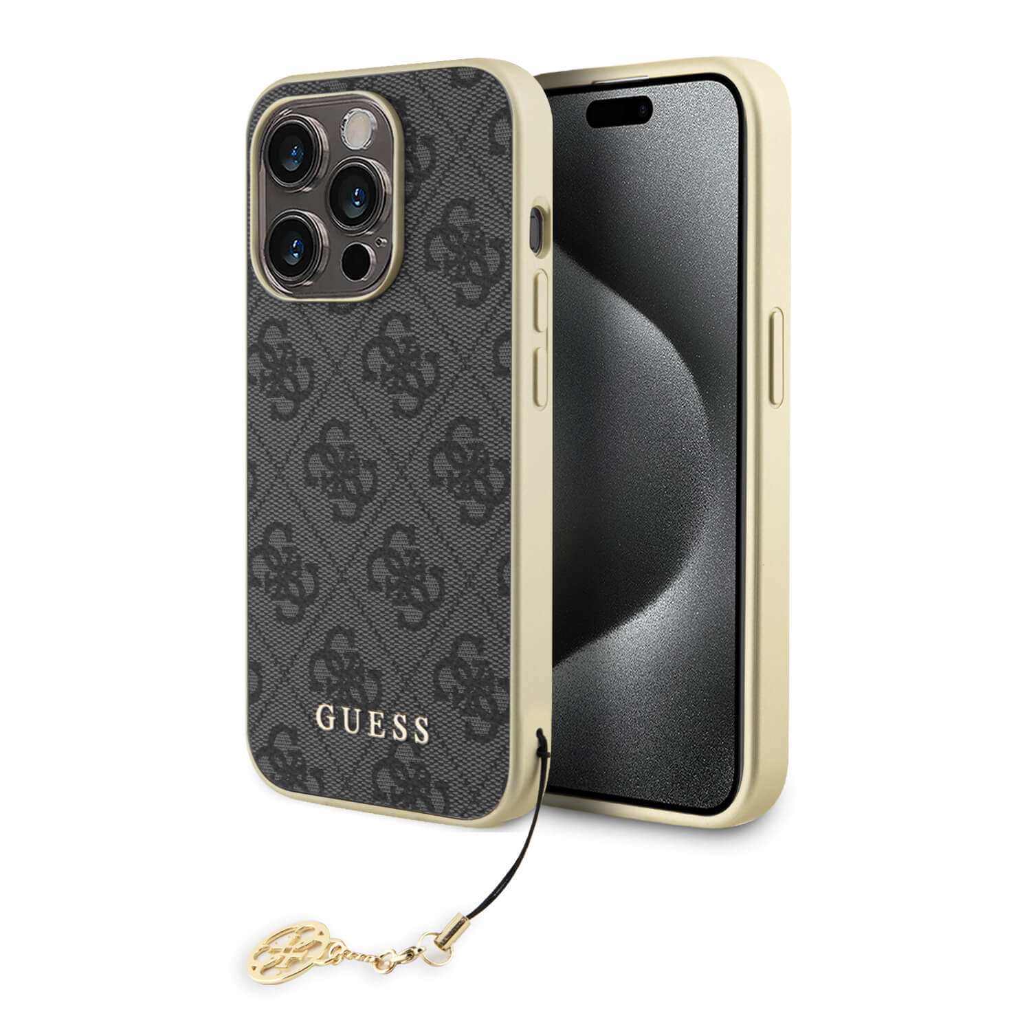 Guess iPhone 15 Pro - 4G Charms Collection Θήκη με Επένδυση Συνθετικού Δέρματος - Grey - GUHCP15LGF4GGR