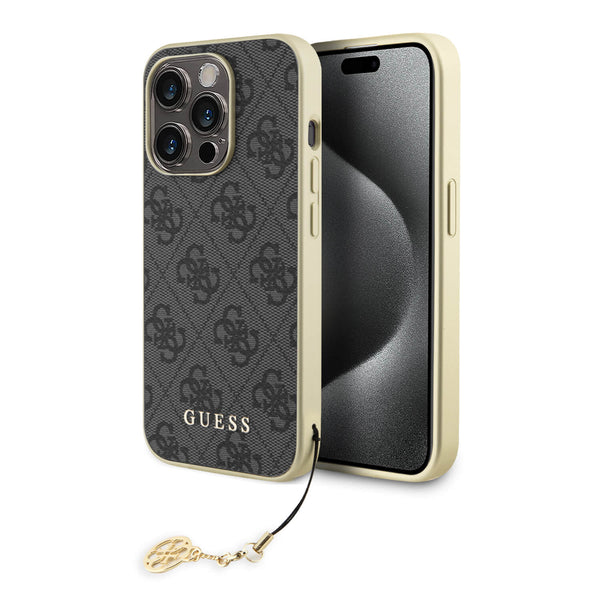Guess iPhone 15 Pro - 4G Charms Collection Θήκη με Επένδυση Συνθετικού Δέρματος - Grey - GUHCP15LGF4GGR - likebrands.gr