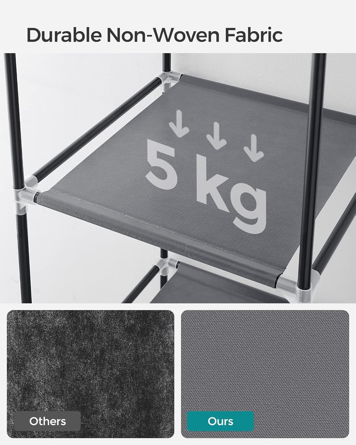 Songmics Υφασμάτινη Ντουλάπα με Ράγα Ρούχων και Ράφια - 88 x 45 x 170 cm - Grey - RYG84G