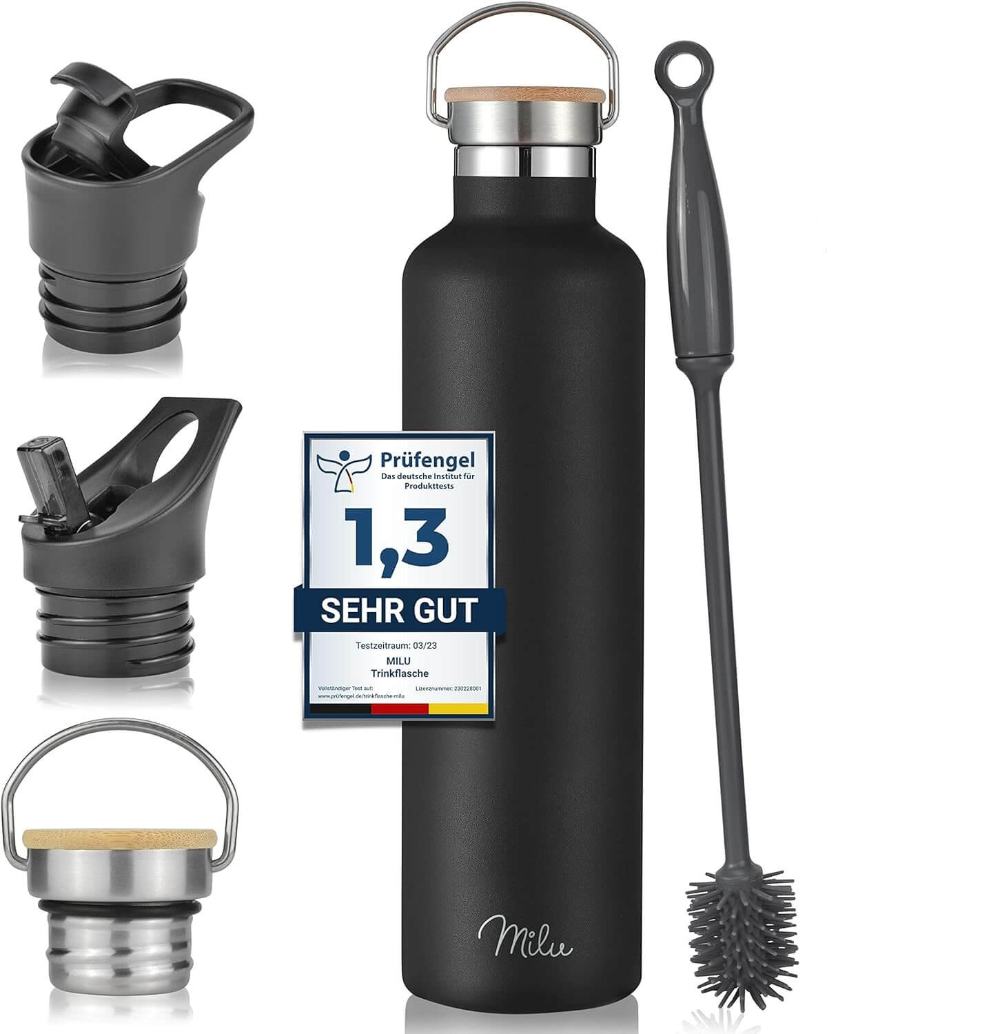 Milu T6 Μπουκάλι Θερμός από Ανοξείδωτο Ατσάλι 3 σε 1 - 1000ml - Black Matt - 5011