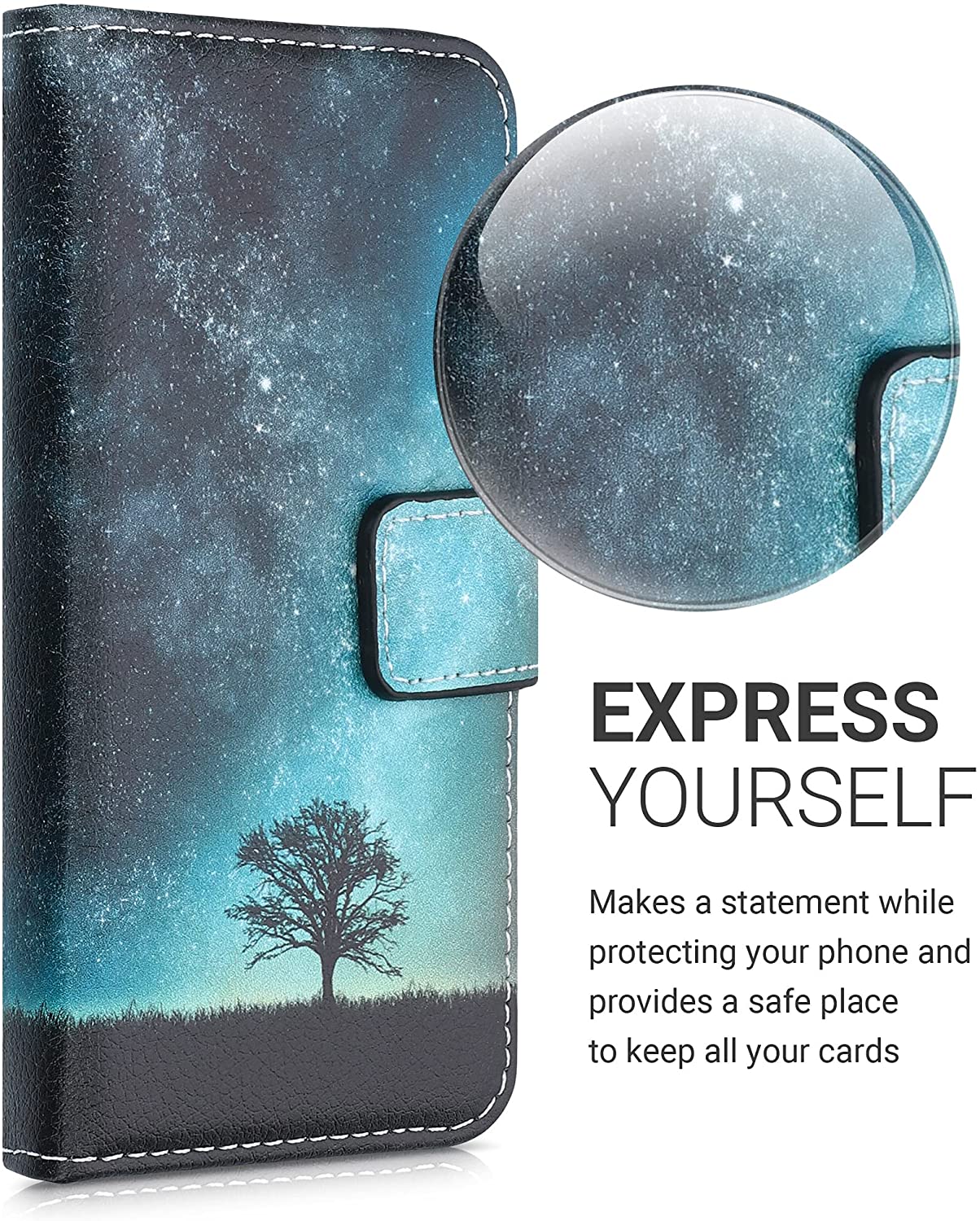 KW iPhone 13 mini Θήκη Πορτοφόλι Stand - Design Galaxy Tree Meadow - Blue / Grey / Black - 55935.01