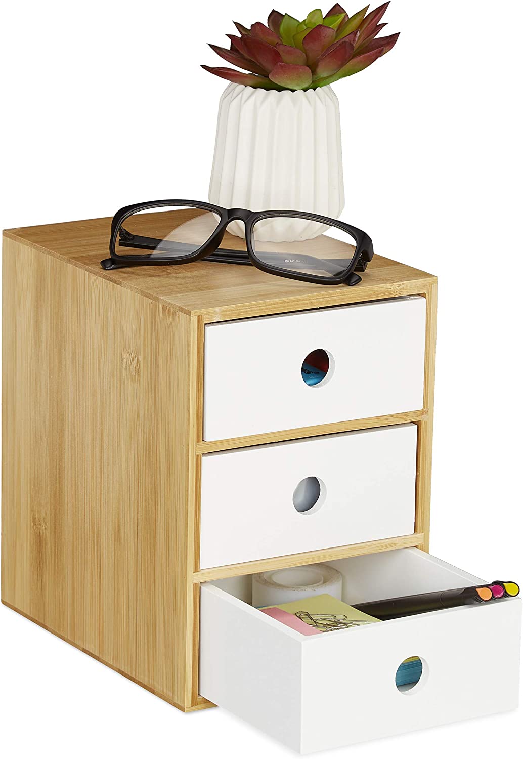 Relaxdays Ξύλινη Βάση Οργάνωσης Γραφείου με 3 Συρτάρια από Bamboo - White / Natural - 4052025902070