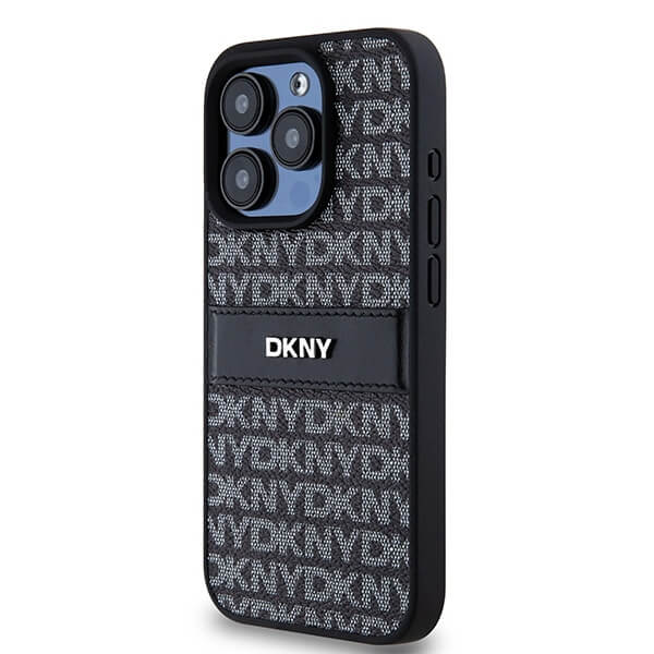 DKNY iPhone 15 Pro Max - Leather Mono Stripe and Metal Logo Σκληρή Θήκη με Επένδυση Συνθετικού Δέρματος - Black