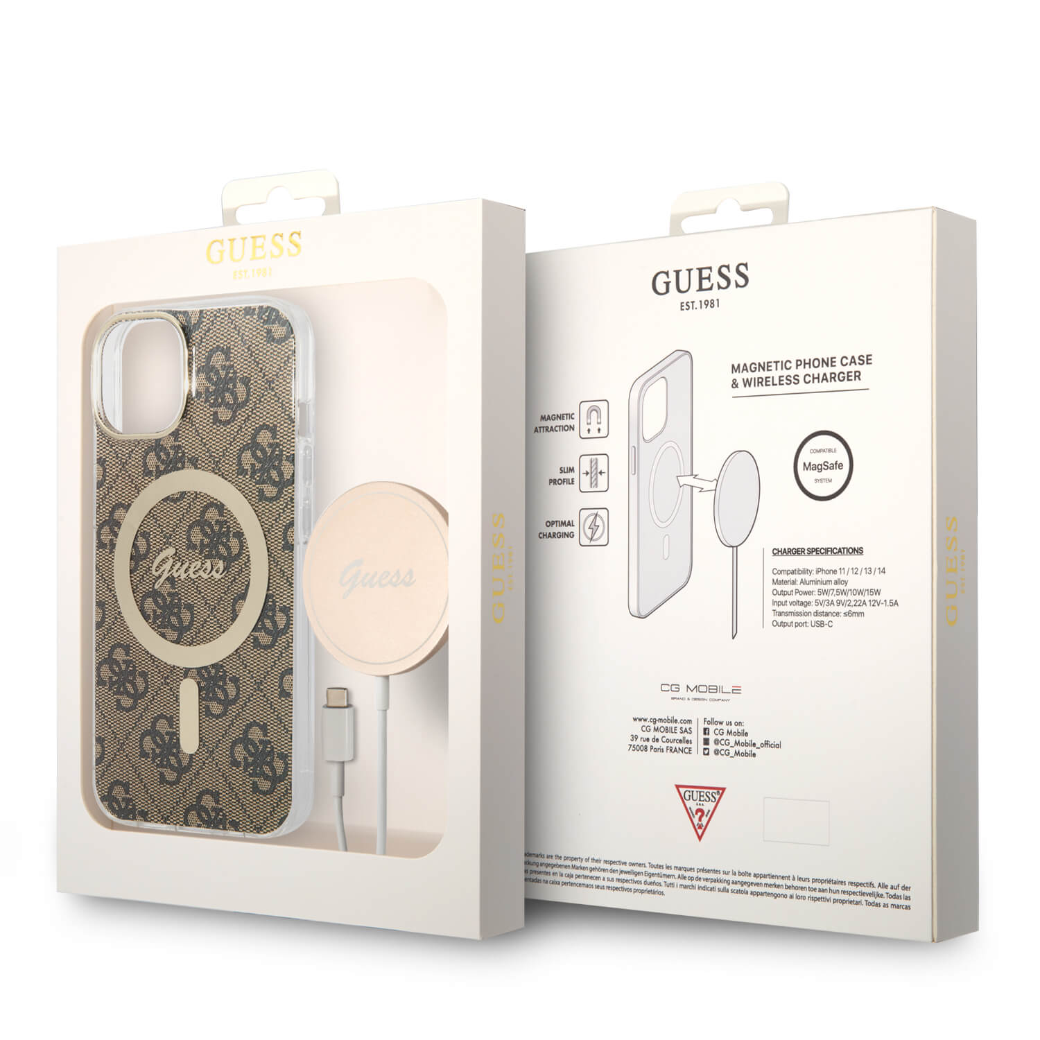 Guess iPhone 15 / 14 / 13 - Bundle Pack - Σετ Σκληρή Θήκη με Πλαίσιο Σιλικόνης και Ασύρματος Φορτιστής MagSafe - Design 4G Print MagSafe - Brown - GUBPP14SH4EACSW