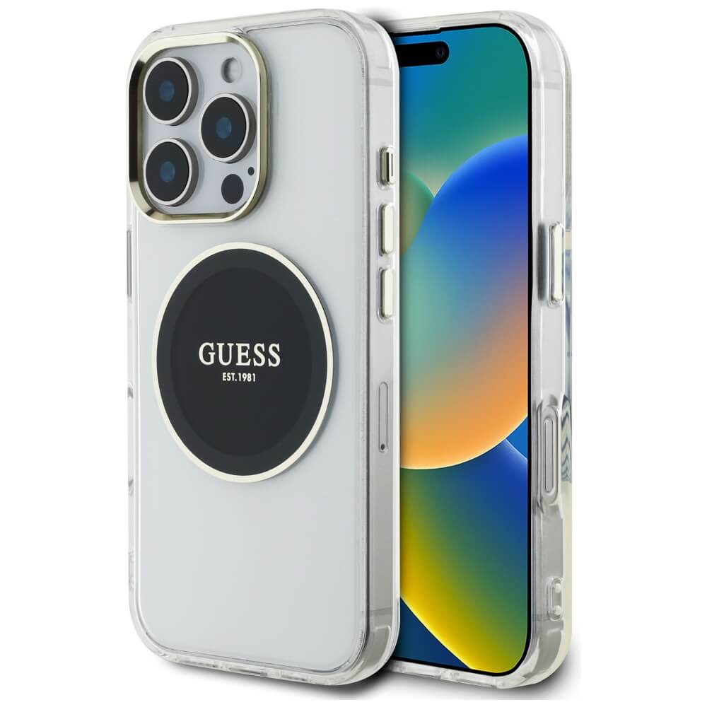 Guess iPhone 16 Pro IML Metal Colored Circle Classic Logo MagSafe Σκληρή Θήκη με Πλαίσιο Σιλικόνης και MagSafe - Black - GUHMP16LHTDRCEDK