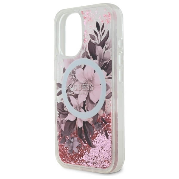 Guess iPhone 16 - Liquid Glitter Flower MagSafe - Σκληρή Θήκη με Πλαίσιο Σιλικόνης - Pink - GUHMP16SLFMWTP