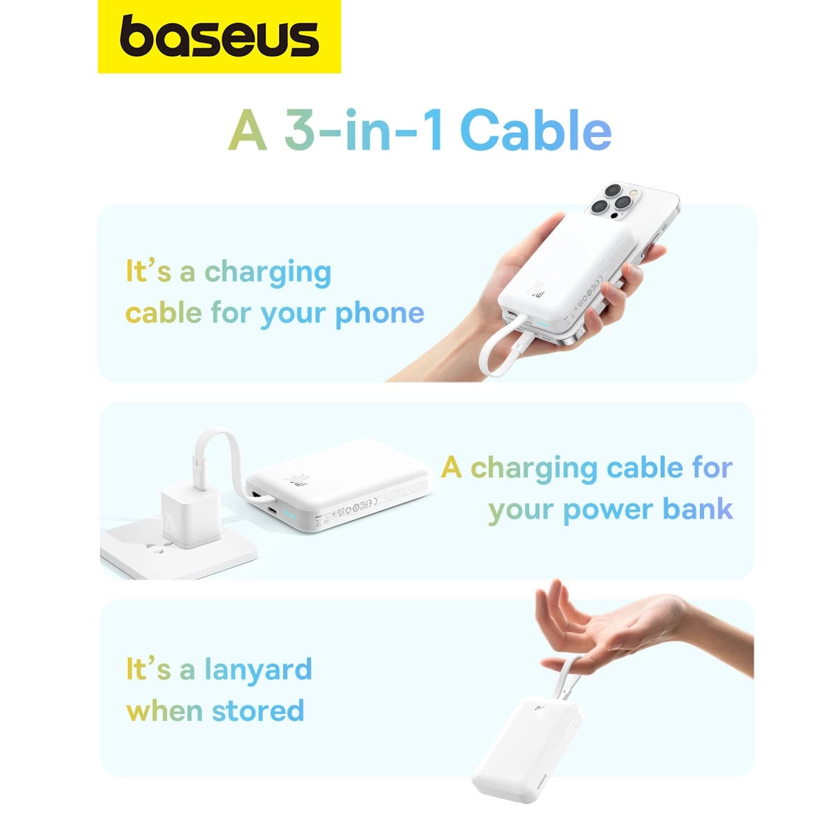 Baseus Magnetic Mini Ασύρματο MagSafe PowerBank 10000mAh 20W με Καλώδιο Type-C και Ενσωματωμένο Καλώδιο Lightning - White