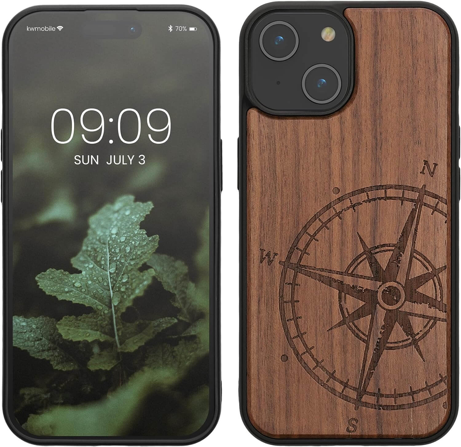 KW iPhone 15 Θήκη από Φυσικό Ξύλο - Design Vintage Compass - Dark Brown - 62011.01