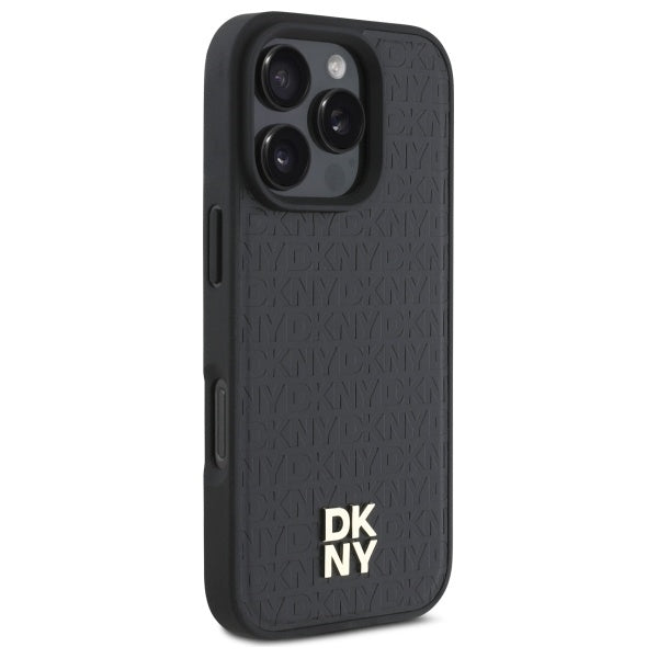 DKNY iPhone 16 Pro Max - Repeat Pattern Stack Logo MagSafe - Σκληρή Θήκη με Επένδυση Συνθετικού Δέρματος - Black
