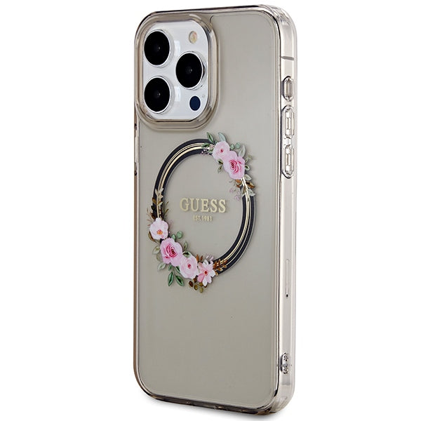 Guess iPhone 15 Pro Max IML Flowers Wreatch MagSafe Σκληρή Θήκη με Πλαίσιο Σιλικόνης και MagSafe - Black - GUHMP15XHFWFCK