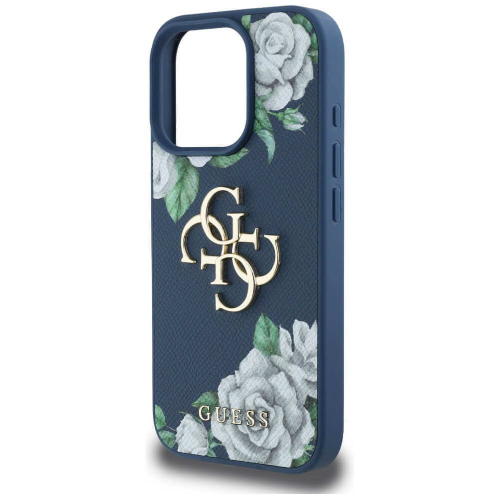 Guess iPhone 16 Pro - Grained Roses Big 4G Logo - Σκληρή Θήκη με Επένδυση από Οικολογικό Δέρμα - Blue - GUHCP16LPGROP4MB