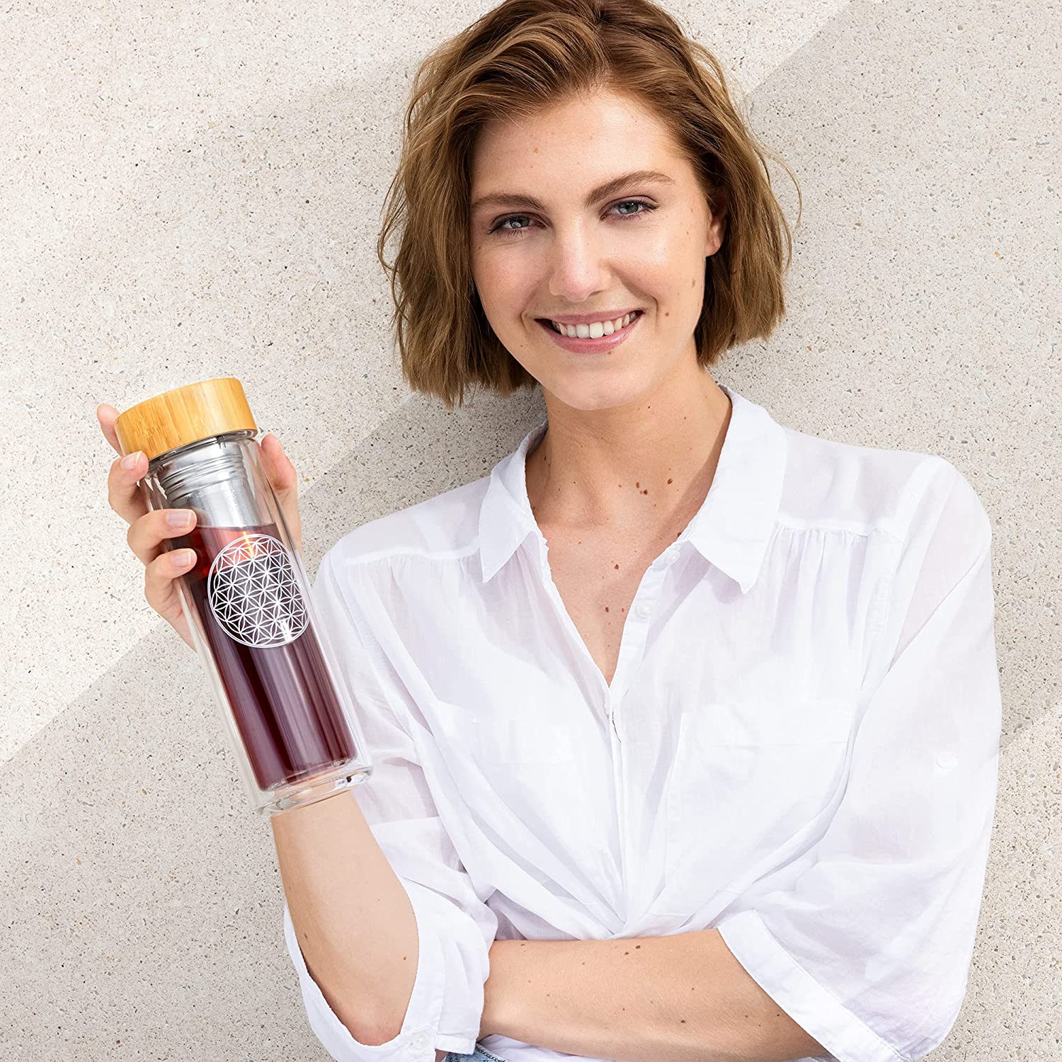 Navaris Γυάλινο Μπουκάλι Τσαγιού με Θήκη μεταφοράς - 450ml - Design Flower of Life - Clear - 45888.1.07