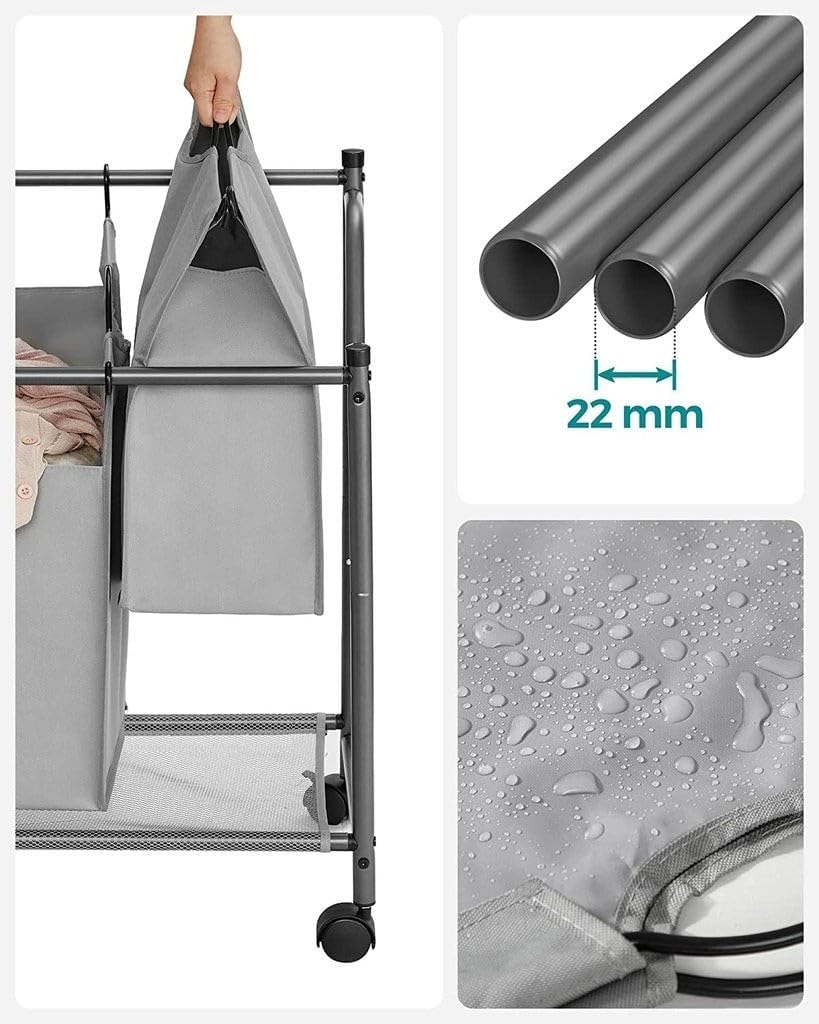 Songmics Τροχήλατο Υφασμάτινο Καλάθι Απλύτων με 4 Διαμερίσματα και Μεταλλικό Πλαίσιο - 138L - Grey - LSF005GS